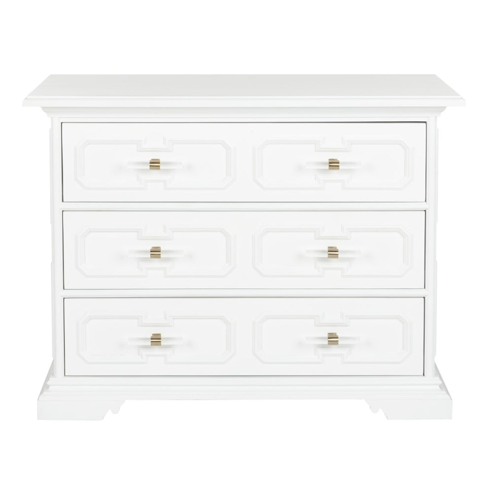 Chelsea House River Street Chest White Lacquer 3-Drawer | Bill Cain Design, Garden Trellis Pattern & Acrylic Handles 385693