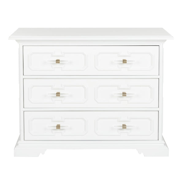 Chelsea House River Street Chest White Lacquer 3-Drawer | Bill Cain Design, Garden Trellis Pattern & Acrylic Handles 385693
