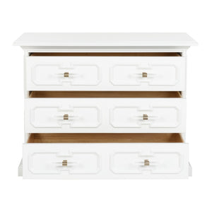 Chelsea House River Street Chest White Lacquer 3-Drawer | Bill Cain Design, Garden Trellis Pattern & Acrylic Handles 385693
