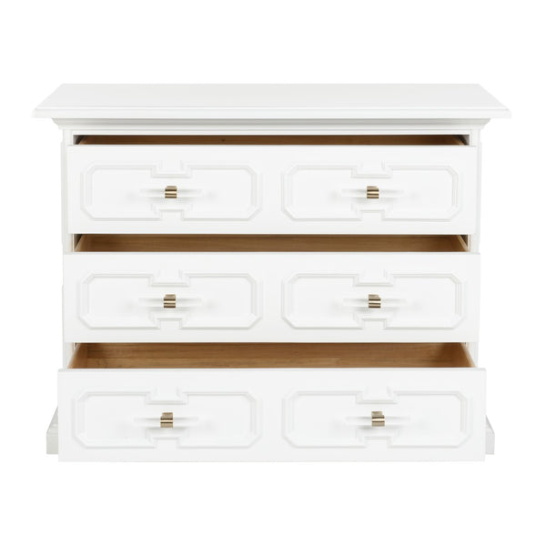 Chelsea House River Street Chest White Lacquer 3-Drawer | Bill Cain Design, Garden Trellis Pattern & Acrylic Handles 385693