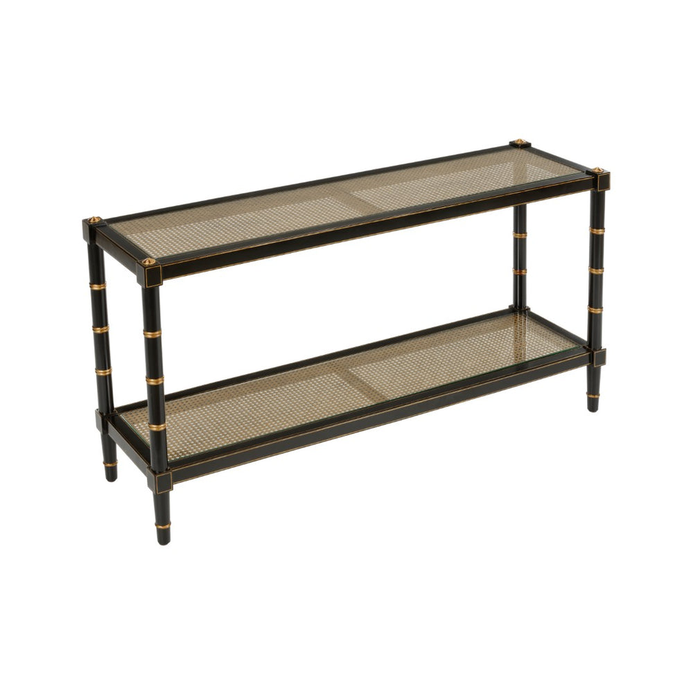 Chelsea House Conner Matte Black Console With Gold Accents And Natural Caned Shelf — Transitional Bamboo Leg Design 385699