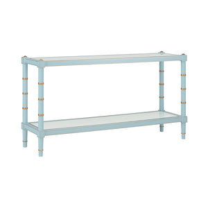 Chelsea House Conner Blue Cane Console By Bill Cain — Coastal Transitional Console With Gold Trim & Natural Caned Shelf 385708