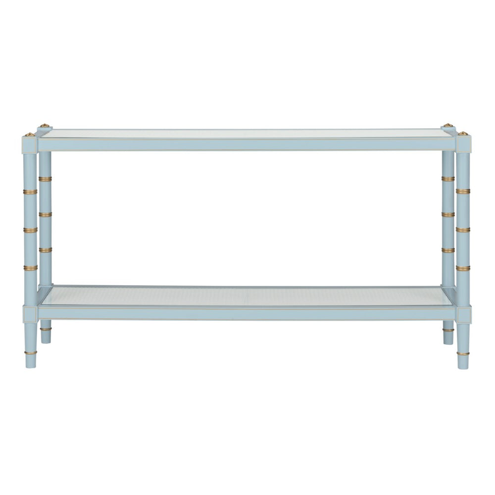 Chelsea House Conner Blue Cane Console By Bill Cain — Coastal Transitional Console With Gold Trim & Natural Caned Shelf 385708