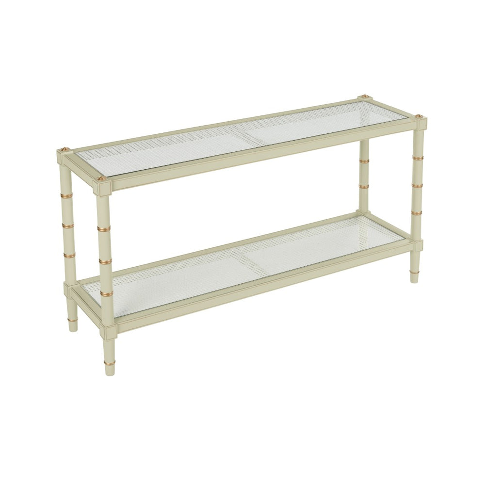 Chelsea House Conner Grass Green Console Table With Gold Accents & Natural Caned Shelf — Bill Cain Designer Piece 385711
