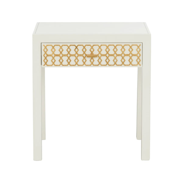 Chelsea House Hazel Satin Gold Honeycomb Nightstand — White Case, Designer Shayla Copas, Compact Drawer Storage 385715