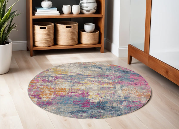 HomeRoots 5' Contemporary Ivory and Blue Abstract Area Rug for Stylish Comfort and Modern Home Décor 5' Round Round 385715