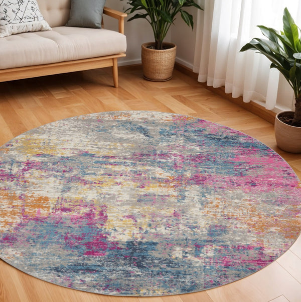 HomeRoots 5' Contemporary Ivory and Blue Abstract Area Rug for Stylish Comfort and Modern Home Décor 8' Round Round 385718