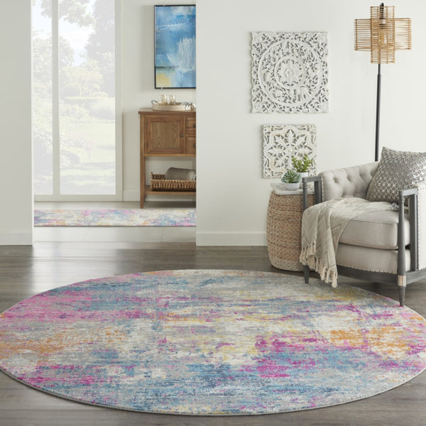 HomeRoots 5' Contemporary Ivory and Blue Abstract Area Rug for Stylish Comfort and Modern Home Décor 8' Round Round 385718