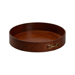 Chelsea House Leather Cognac Round Tray Set With Metal Rim And Hand-Stitched Edge — Stylish Serving & Display Accent 2.5h x 14w x 14.5d 385736