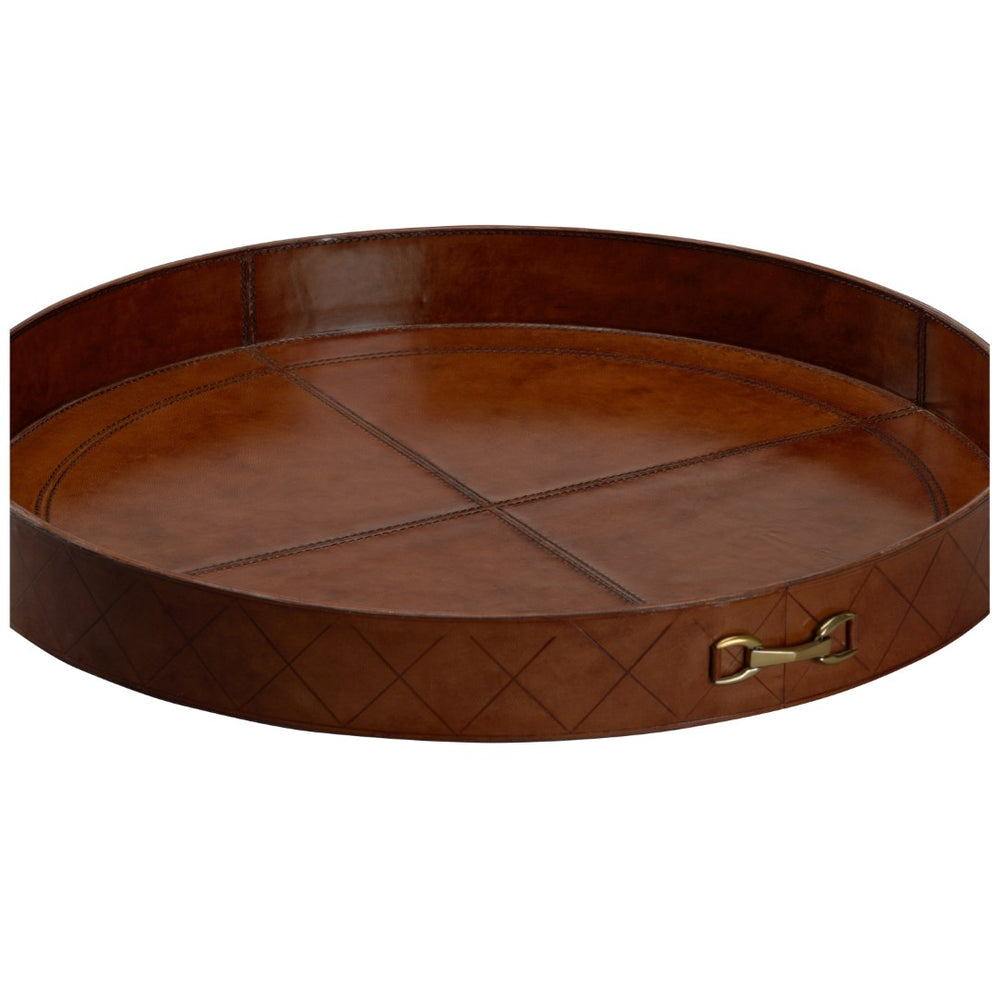 Chelsea House Leather Cognac Round Tray Set With Metal Rim And Hand-Stitched Edge — Stylish Serving & Display Accent 3h x 21w x 21d 385737
