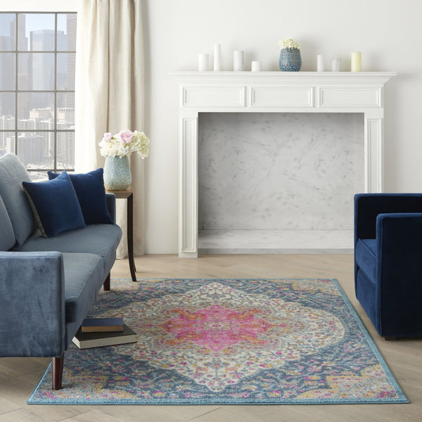 HomeRoots 5' Blue and Ivory Medallion Distressed Area Rug - Timeless Vintage Elegance for Any Space 5?x7? 385747