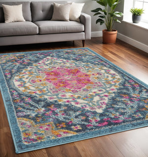 HomeRoots 5' Blue and Ivory Medallion Distressed Area Rug - Timeless Vintage Elegance for Any Space 5?x7? 385747