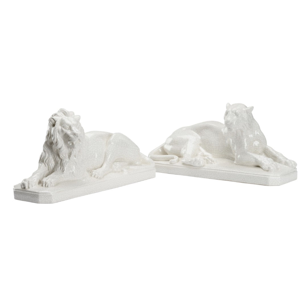 Chelsea House White Lions Pair White Crackled Glaze Figurines — Elegant 8" Mantel Accents For Modern & Classic Homes 385750