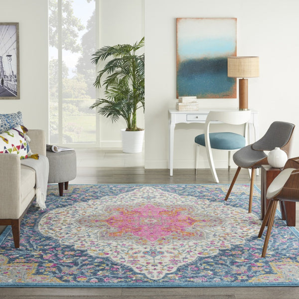 HomeRoots 5' Blue and Ivory Medallion Distressed Area Rug - Timeless Vintage Elegance for Any Space 8?x10? 385750