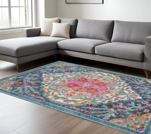 HomeRoots 5' Blue and Ivory Medallion Distressed Area Rug - Timeless Vintage Elegance for Any Space 8?x10? 385750