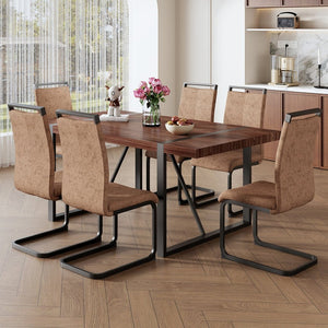 English Elm Table With 6 Industrial Style Brown Techno-Fabric Chairs - Walnut Rectangular Dining Set, 71"X39.3" W1151S02439-GIGA