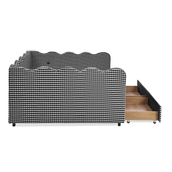 English Elm Queen Gingham Linen Daybed with Wave Backrest Two Storage Drawers and Usb Port Black W1413S00153