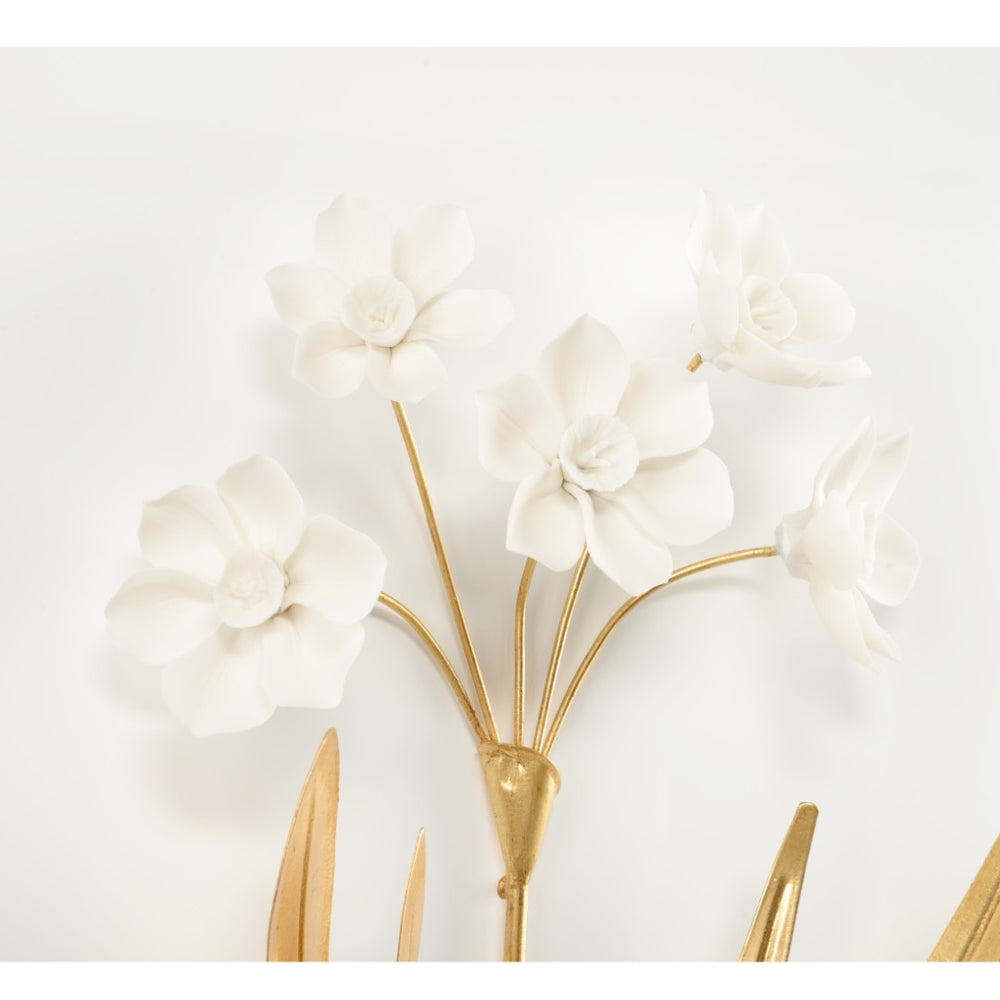 Chelsea House Porcelain Sculptural Wall Art By Bill Cain — Matte White Porcelain Flowers With Antique Gold Leaves, 20.5" H 385765