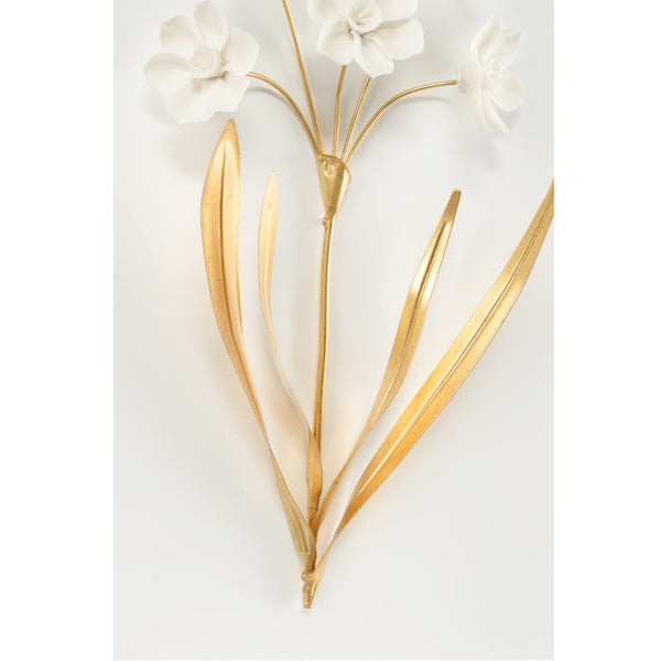 Chelsea House Porcelain Sculptural Wall Art By Bill Cain — Matte White Porcelain Flowers With Antique Gold Leaves, 20.5" H 385765