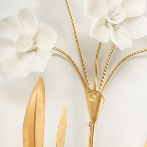 Chelsea House Porcelain Sculptural Wall Art By Bill Cain — Matte White Porcelain Flowers With Antique Gold Leaves, 20.5" H 385765