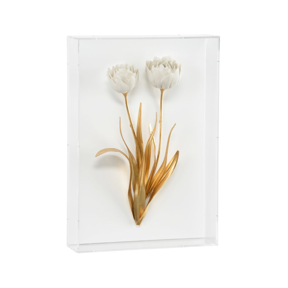 Chelsea House Porcelain Matte White Flower Wall Art With Antique Gold Iron Leaves In Acrylic Shadow Box Frame 385766