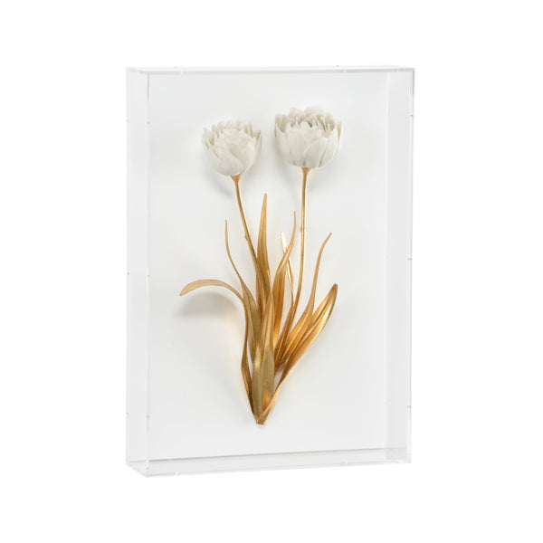 Chelsea House Porcelain Matte White Flower Wall Art With Antique Gold Iron Leaves In Acrylic Shadow Box Frame 385766