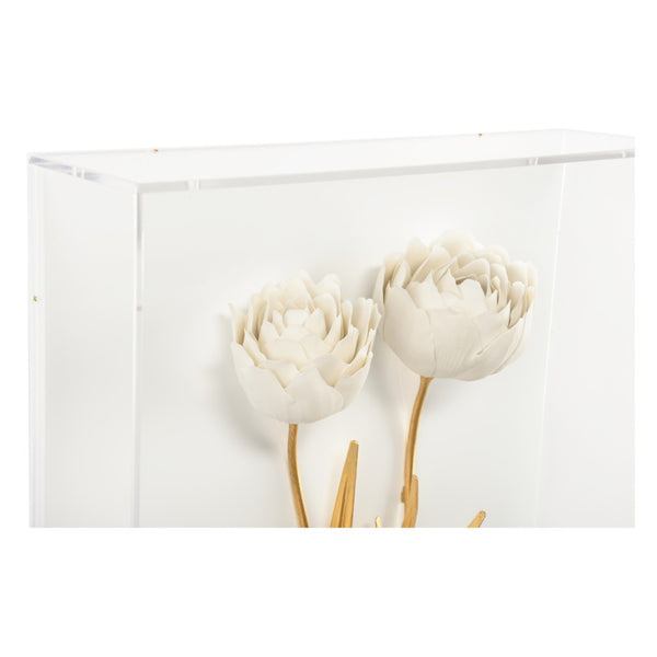 Chelsea House Porcelain Matte White Flower Wall Art With Antique Gold Iron Leaves In Acrylic Shadow Box Frame 385766