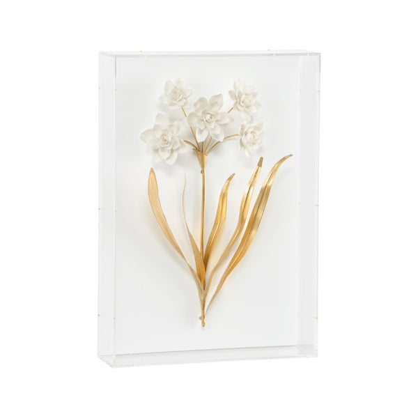 Chelsea House Porcelain Handcrafted Matte-White Flower Wall Art With Antique Gold Leaves In Acrylic Shadow Box Frame 385767
