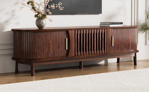 English Elm Modern Farmhouse TV Stand with Textured Woodgrain, Waterproof Surface, Sliding & Drop-Down Storage (75") N710P257615P