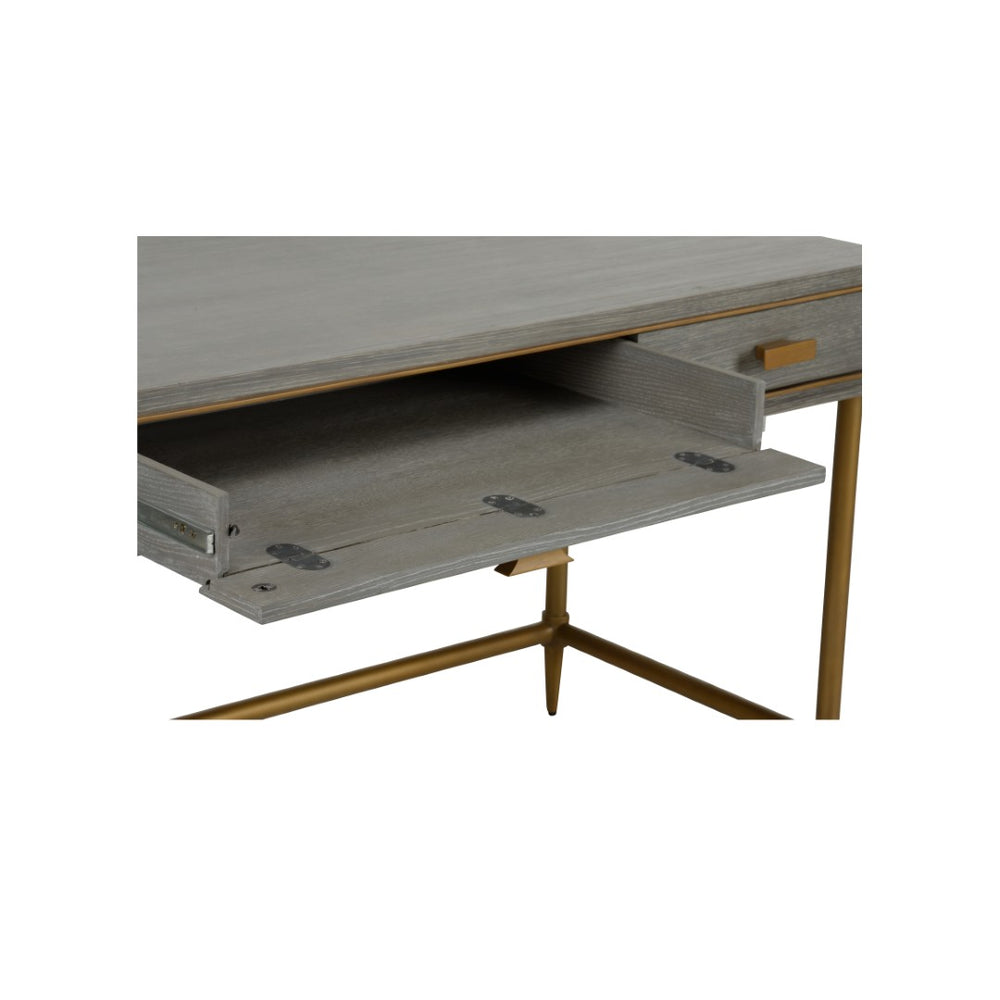 Chelsea House Margaret Mid-Century Writing Desk With Gray Oak Veneer, Slim Brass Legs & Spacious 64" Worksurface 385805