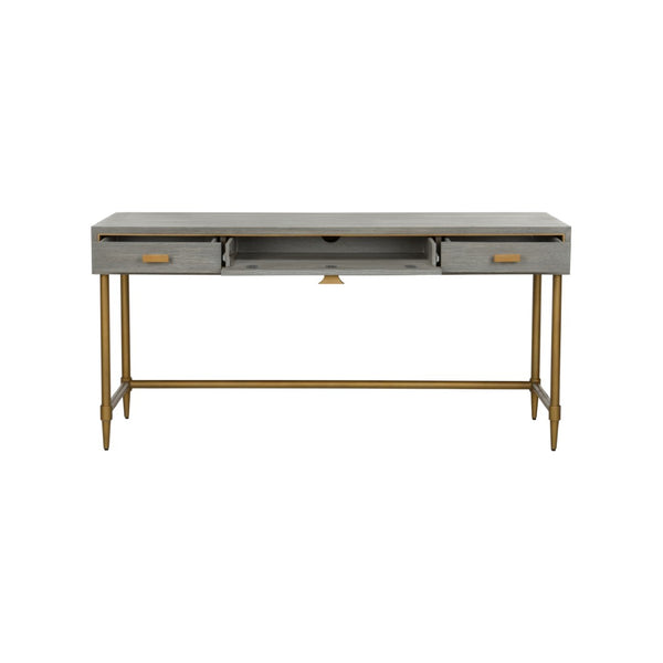Chelsea House Margaret Mid-Century Writing Desk With Gray Oak Veneer, Slim Brass Legs & Spacious 64" Worksurface 385805