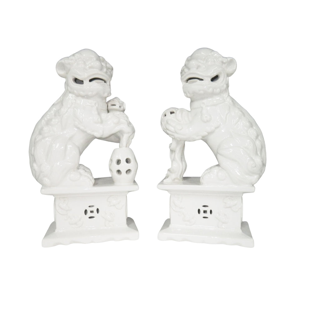 Chelsea House White Porcelain Foo Dog Pair By Bill Cain — Glossy White Glaze, Sculptural Mantel Guardians, 14"H 385818