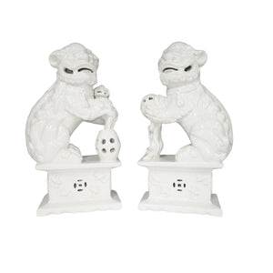 Chelsea House White Porcelain Foo Dog Pair By Bill Cain — Glossy White Glaze, Sculptural Mantel Guardians, 14"H 385818