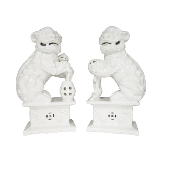 Chelsea House White Porcelain Foo Dog Pair By Bill Cain — Glossy White Glaze, Sculptural Mantel Guardians, 14"H 385818