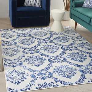HomeRoots 6' Ivory and Blue Damask Distressed Area Rug - Timeless Elegance for Living Rooms and More 6' X 9' 385824