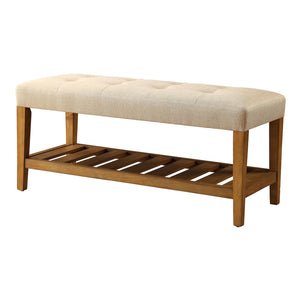 English Elm Beige Tufted Padded Seat Bench with Oak Frame and Slatted Storage Shelf—Comfortable Elegance for Entryway B062P189178