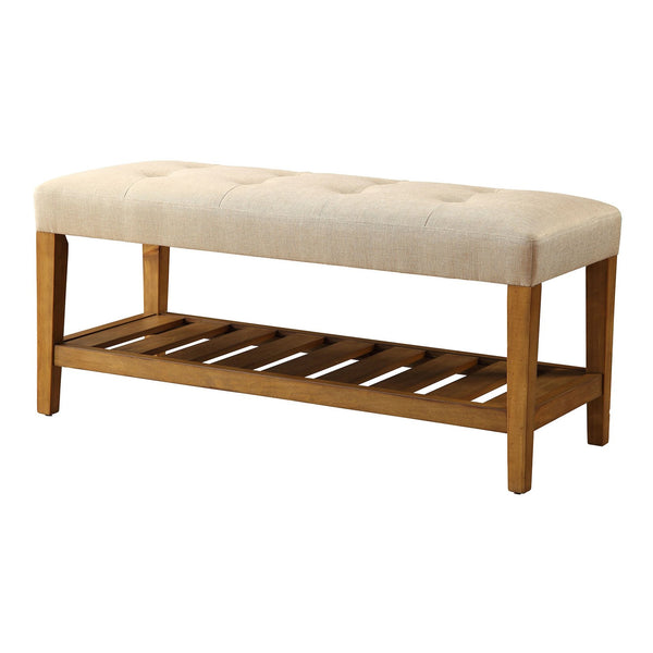English Elm Beige Tufted Padded Seat Bench with Oak Frame and Slatted Storage Shelf—Comfortable Elegance for Entryway B062P189178