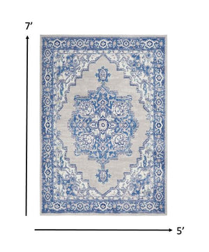 Homeroots 5' X 7' Blue Gray Floral Dhurrie Area Rug Grey Blue Polypropylene 385833