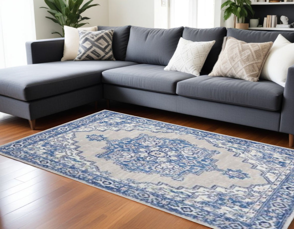 HomeRoots 6' Elegant Blue and Gray Floral Area Rug - Durable, Stain-Resistant Design for High-Traffic Spaces 6' X 9' 385834