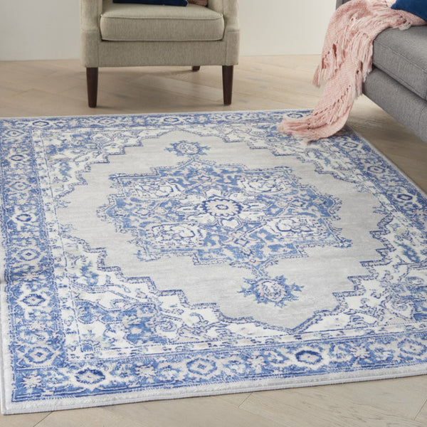HomeRoots 6' Elegant Blue and Gray Floral Area Rug - Durable, Stain-Resistant Design for High-Traffic Spaces 6' X 9' 385834