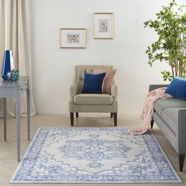 HomeRoots 6' Elegant Blue and Gray Floral Area Rug - Durable, Stain-Resistant Design for High-Traffic Spaces 6' X 9' 385834
