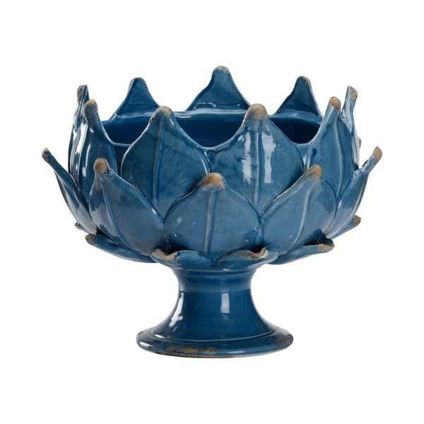 Chelsea House Leaf Artichoke Vase In Worn Blue Gloss — 12" Pedestal Porcelain Centerpiece For Dried Florals, Fruit, Decor 385848