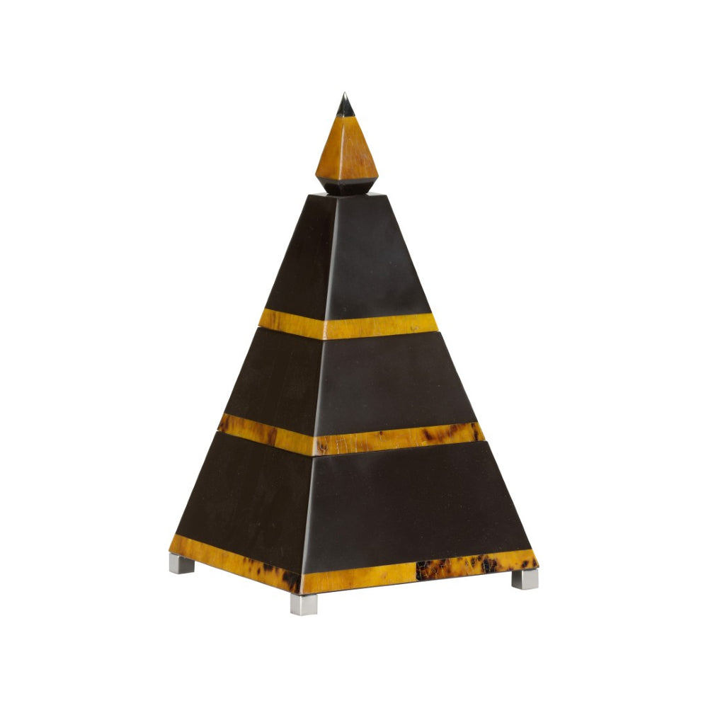 Chelsea House Pyramid Box With Tiger Penshell Inlay, Brown Resin Pyramid Stacked Storage, Nickel Accents, 12.5" H 385857