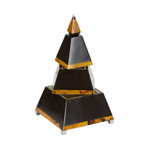 Chelsea House Pyramid Box With Tiger Penshell Inlay, Brown Resin Pyramid Stacked Storage, Nickel Accents, 12.5" H 385857