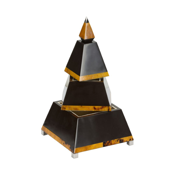 Chelsea House Pyramid Box With Tiger Penshell Inlay, Brown Resin Pyramid Stacked Storage, Nickel Accents, 12.5" H 385857