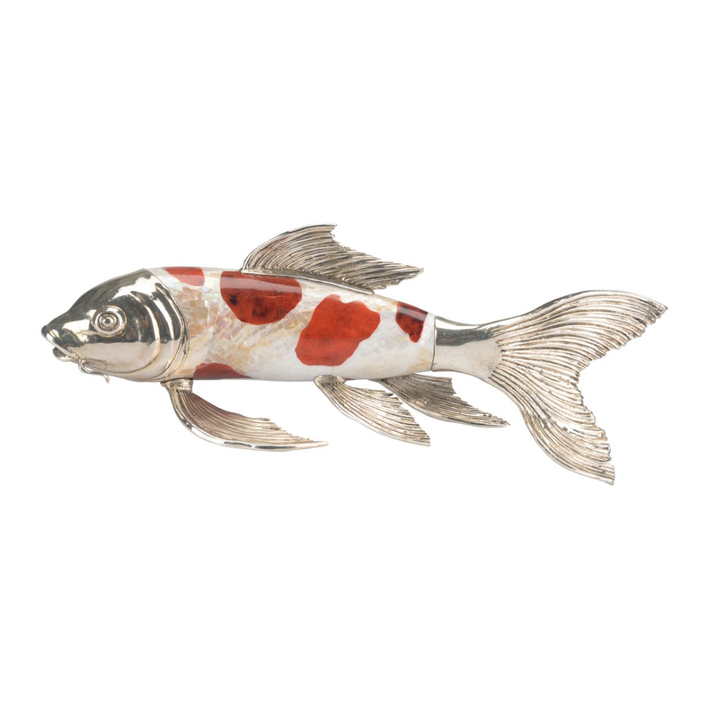 Chelsea House Koi Silver-Plated Figurine With Orange Tiger Penshell & Cracked Kabibi Inlays — Glossy 5"X12.5" Decor 385858