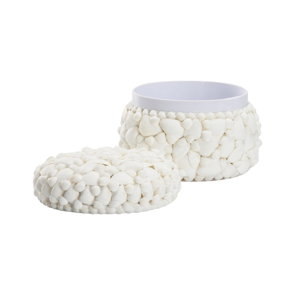 Chelsea House Round White Shell Box — Coastal Decorative Storage With Removable Lid, Authentic Shell Texture, 7"H X 8.5"W 385859