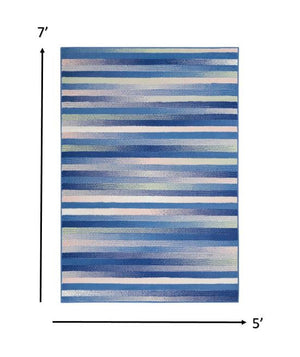 Homeroots 5' X 7' Blue And White Striped Dhurrie Area Rug  Polypropylene 385875