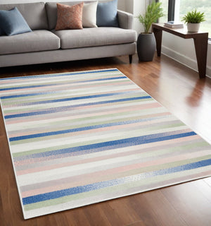 Homeroots 5' X 7' Navy Blue Striped Dhurrie Area Rug  Polypropylene 385878