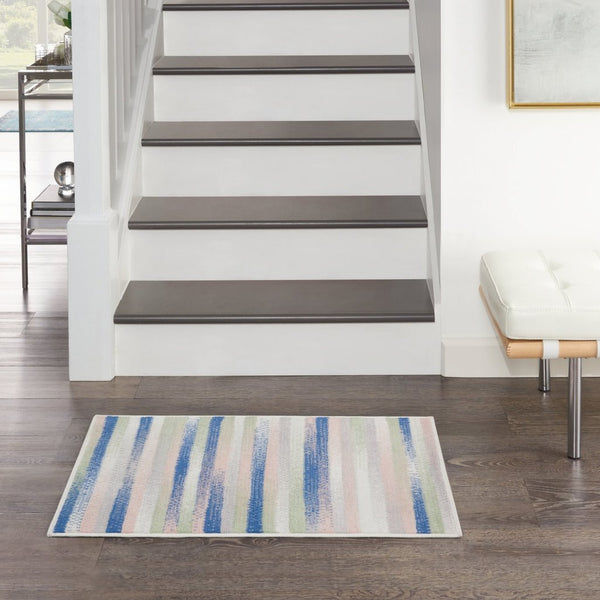 Homeroots 5' X 7' Navy Blue Striped Dhurrie Area Rug  Polypropylene 385878